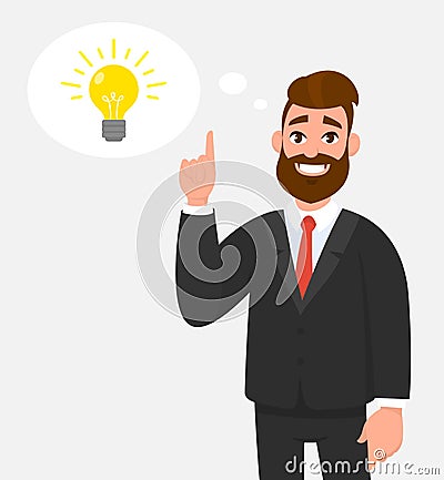 Thoughtful happy businessman pointing up to the bright bulb in the thought bubble. Idea, innovation, invention,problem solving, s. Vector Illustration