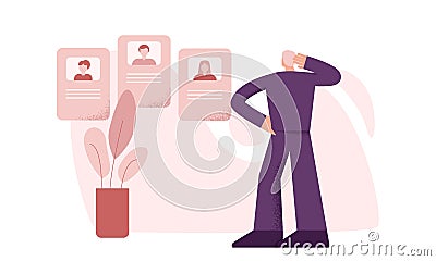 Thoughtful male recruitment employee looking at online resume for work big limbs style Vector Illustration