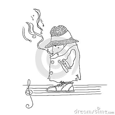 Thoughtful man, in a hat and coat, smokes a pipe and music and notes are formed from the smoke Vector Illustration