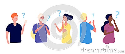 Thoughtful people. Curious girls, young thinking characters. Man has question, contemplative or pensive person. Problem Vector Illustration