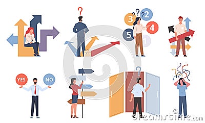 Thoughtful people. Right option search, men and women doubt choice, employee make decision, alternative variant. Crossroad Vector Illustration