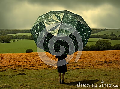 Thoughtful senior woman holding umbrella. Created with Generative AI technology. Stock Photo