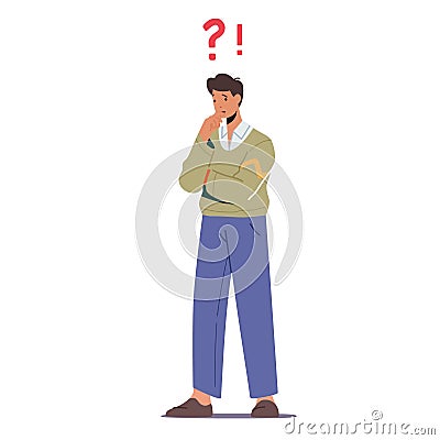 Thoughtful Serious Business Man Stand with Question Mark above Head Thinking. Male Character Searching Solution Vector Illustration