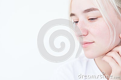 Thoughtful smiling woman portrait no makeup Stock Photo