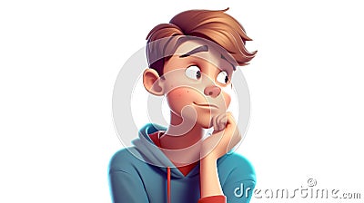 Thoughtful teenage boy sitting with his hand on chin, generative AI. Stock Photo