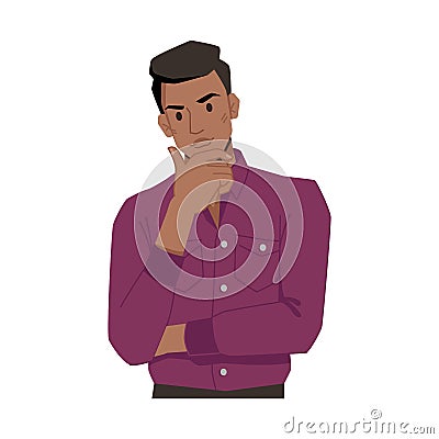 Thoughtful thinking afro american man hand on chin Vector Illustration