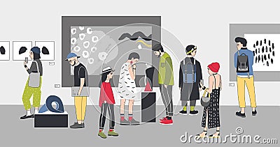 Thoughtful visitors of contemporary art gallery viewing exhibits. Pensive people dressed in stylish clothing looking at Vector Illustration