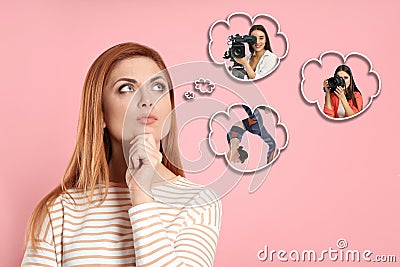 Thoughtful woman choosing probable profession on background Stock Photo