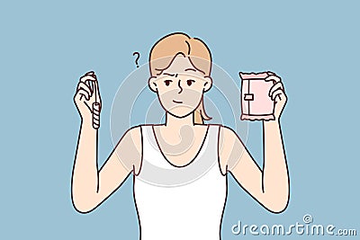 Thoughtful woman holding tampon and pad choosing what to use during menstruation. Vector image Vector Illustration