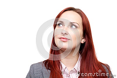 Thoughtful woman, looking up Stock Photo