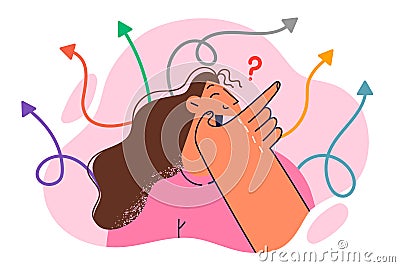 Thoughtful woman making choice on difficult topic scratching chin stands among arrows Vector Illustration