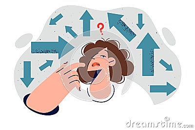 Thoughtful woman trying to make difficult decision and answer question, standing among arrows Vector Illustration