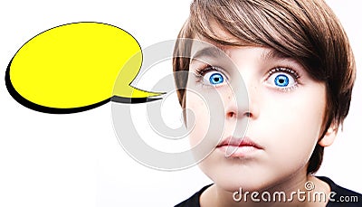 Thoughtful young boy with an empty thought bubble Stock Photo