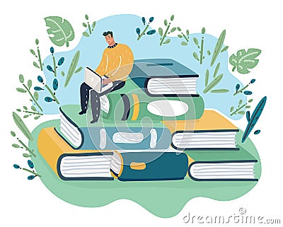 Thoughtful young man sits on stack of books Vector Illustration