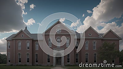 A Thoughtfully Composed And Delightfully Designed Pink Building With A Clock On The Front AI Generative Stock Photo