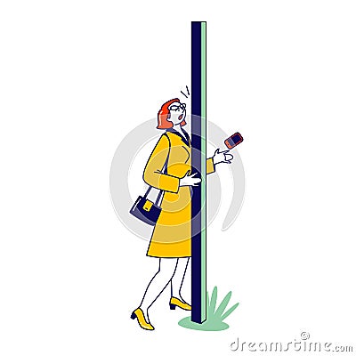 Thoughtless Female Character Bump into Pole on Street while using Smartphone. Human Carelessness Vector Illustration