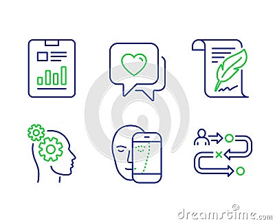 Thoughts, Feather and Report document icons set. Face biometrics, Heart and Journey path signs. Vector Vector Illustration