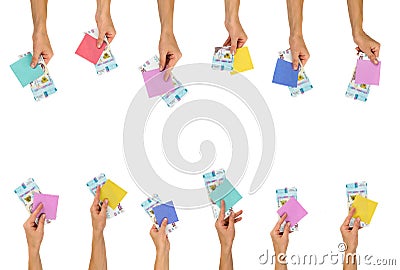 Thousand hryvnias and colored sticker in the hand, isolated Stock Photo