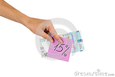Thousand hryvnias and sticker with different financial signs and symbols in the hand, isolated Stock Photo