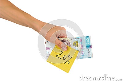 Thousand hryvnias and sticker with different financial signs and symbols in the hand, isolated Stock Photo