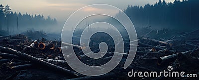 Thousands of logs and stumps covering a vast forest clearing. Green Initiatives, Environmental Activism Stock Photo