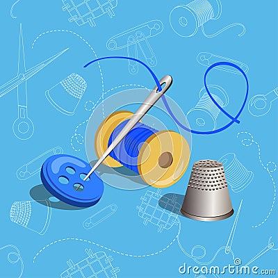 Thread with a needle, seamless, sewing items Vector Illustration