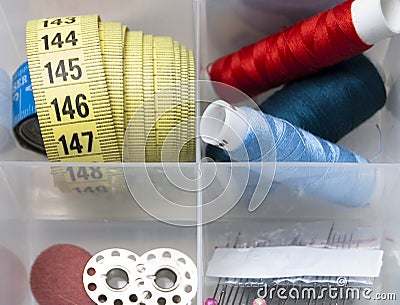 Thread, spools, needles, meter Stock Photo