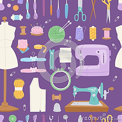 Embroidery fancy-work fine needle-work hobby accessories sewing needle equipment vector seamless pattern background Vector Illustration