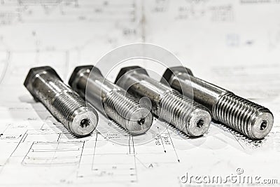 Threaded bolts in technical drawings after turning Stock Photo