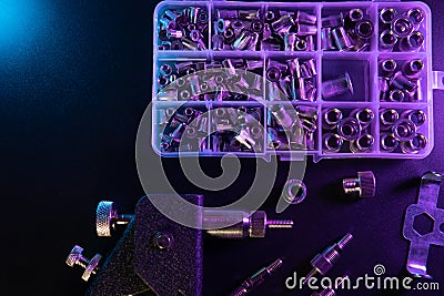 Threaded Insert Riveter Gun Kit. setting tool, nosepieces and inserts, for all types of rivets, including threaded rivet nuts, Stock Photo