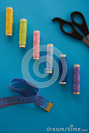 The threads, meter tape, scissors top Stock Photo