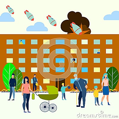 The threat of atomic war. Residential yard, families walk with children. Bombs fly on the city. In minimalist style Cartoon Illustration