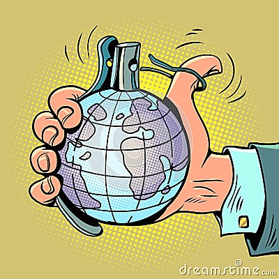 The threat to the world order. Military conflict leads to disaster. The peace of the planet depends on politics. A hand Cartoon Illustration