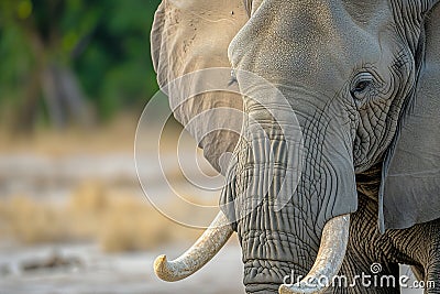 Threatening male elephant. Close up of elephant. Amazing African elephant with dust and sand on wildlife background. Wildlife Stock Photo
