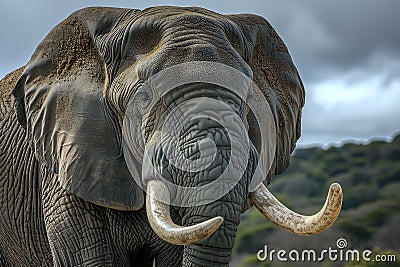 Threatening male elephant. Close up of elephant. Amazing African elephant with dust and sand on wildlife background. Wildlife Stock Photo