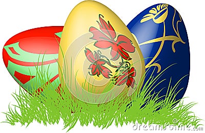 Three 3D easter eggs in a nest of grass Vector Illustration