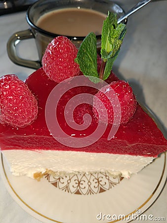 Fantastic raspberry on the air piece of cake. Stock Photo