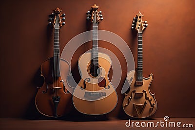 Three acoustic guitars on brown background. Music concept. generative ai Stock Photo