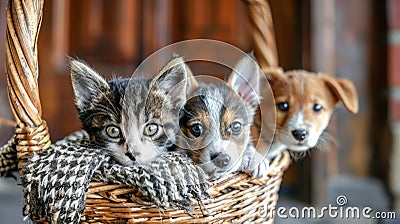 Three adorable puppies of various breeds sit together in a cozy basket, looking out with curiosity and innocence Stock Photo