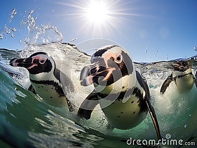 Three african penguins swimming Cartoon Illustration