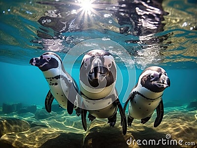 Three african penguins swimming Cartoon Illustration