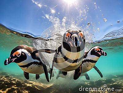 Three african penguins swimming Cartoon Illustration