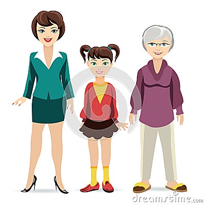 Three ages of women. Daughter, mother and Vector Illustration