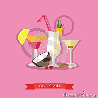 Three alcoholic cocktails with fruits, flat design Vector Illustration