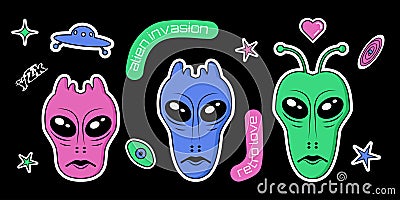 Three alien heads, vector retro sticker set, y2k graphics, futuristic labels, ufo Vector Illustration