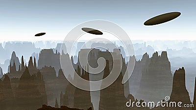 Three alien spaceships flying over mountains Cartoon Illustration