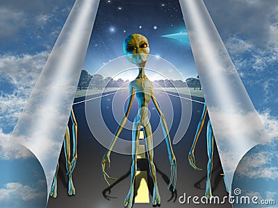 Three aliens. Spacecrafts in the starry sky Stock Photo