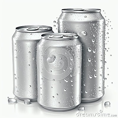 Three aluminum cans mockup splashed with water droplets on white background Stock Photo