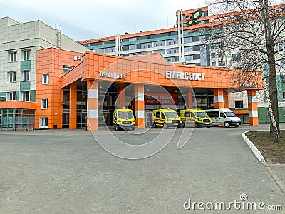 Three ambulances near the hospital. coronavirus. Russia, Tatarstan, April 05, 2020 Editorial Stock Photo