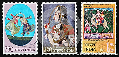Three ancient indian paintings on postage stamps Editorial Stock Photo